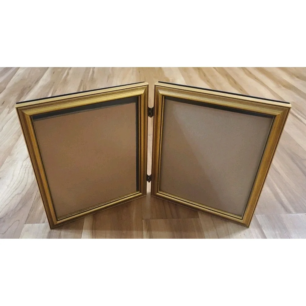 Vtg Gold Tone Metal BiFold Double Picture Frame 11x9 Vertical Portrait Hinged